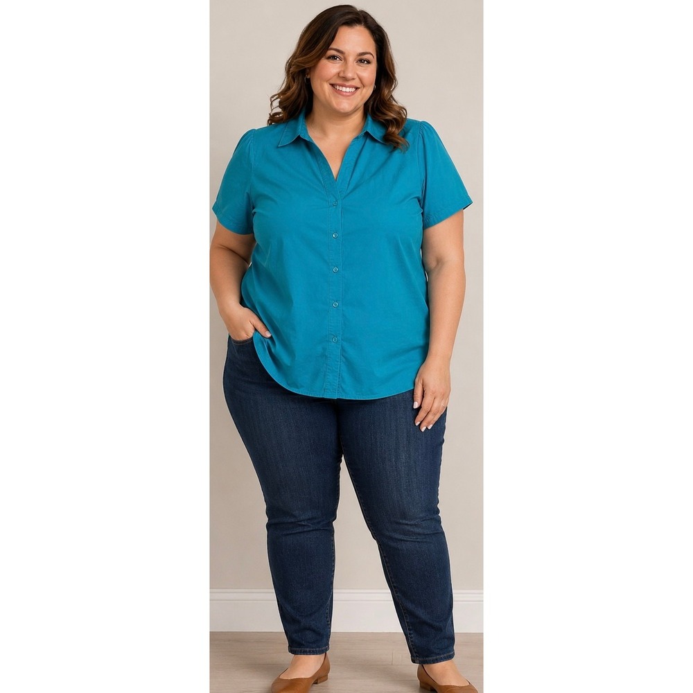 St. Johns Bay Woman Teal Blue Short Sleeve Button Front Stretch Blouse 3X